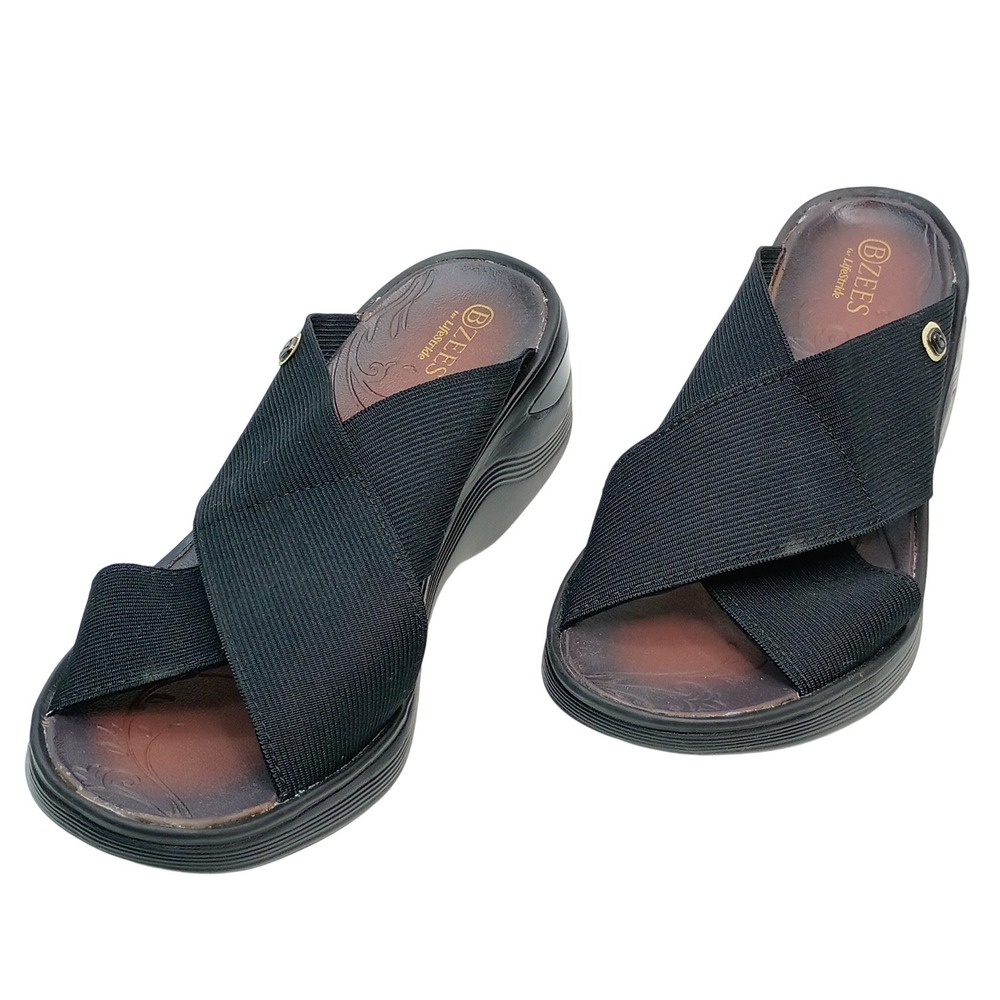 Bzees Desire Wedge Sandals Women Size 9 Black Fabric Elastic Slip On